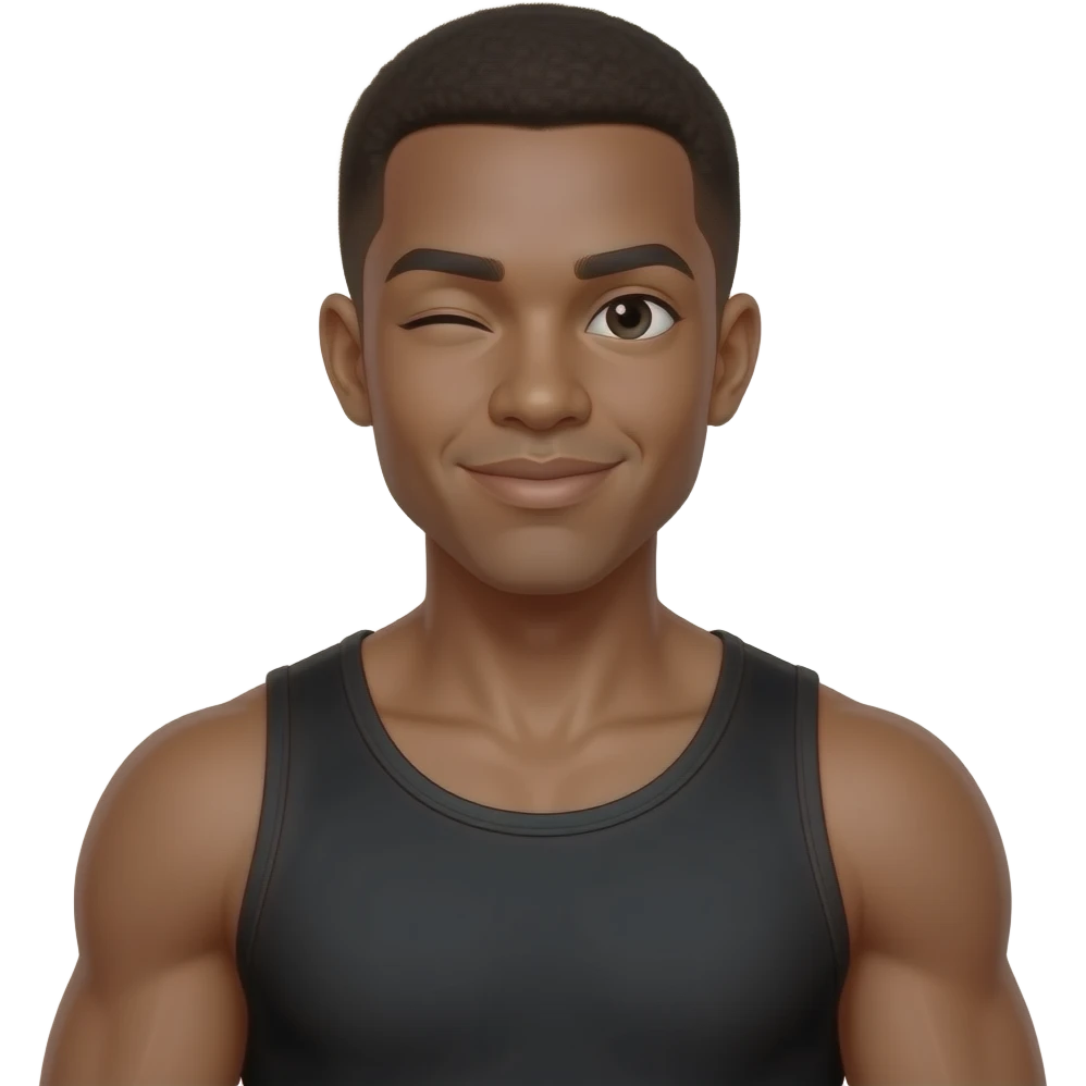 make a cute 20 year old man who’s skin is black wearing a black tank top with really good muscles and he is looking back winking snd his jawline is so sharp emoji