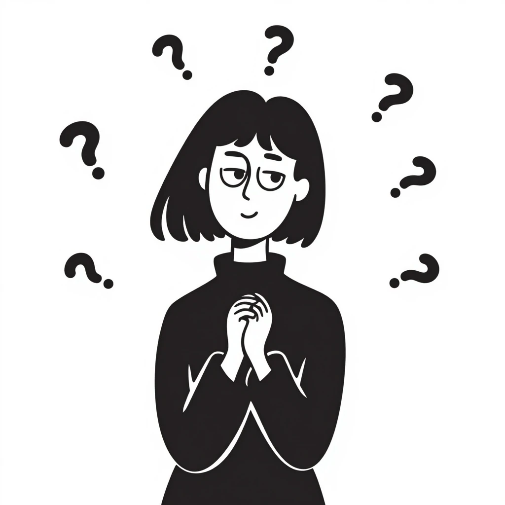 confused woman with straight dark hair, head tilted, question marks circling around her, hand-drawn doodle style emoji