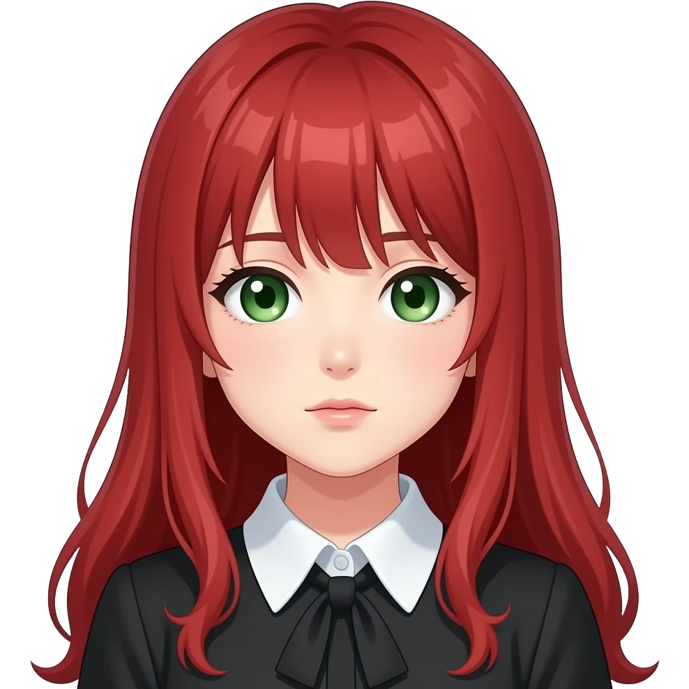 anime girl, pensive,  red hair, green eyes, black blouse with white collar emoji