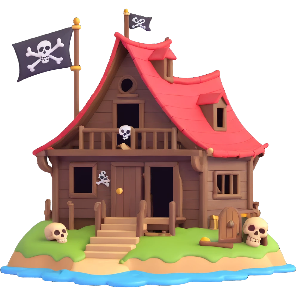 old pirate's house with skull flag emoji