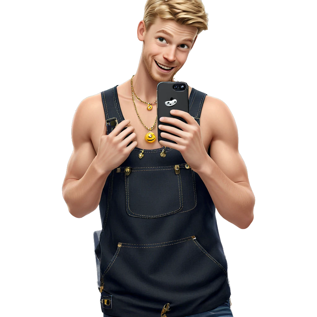 smiling boy with necklace and phone emoji