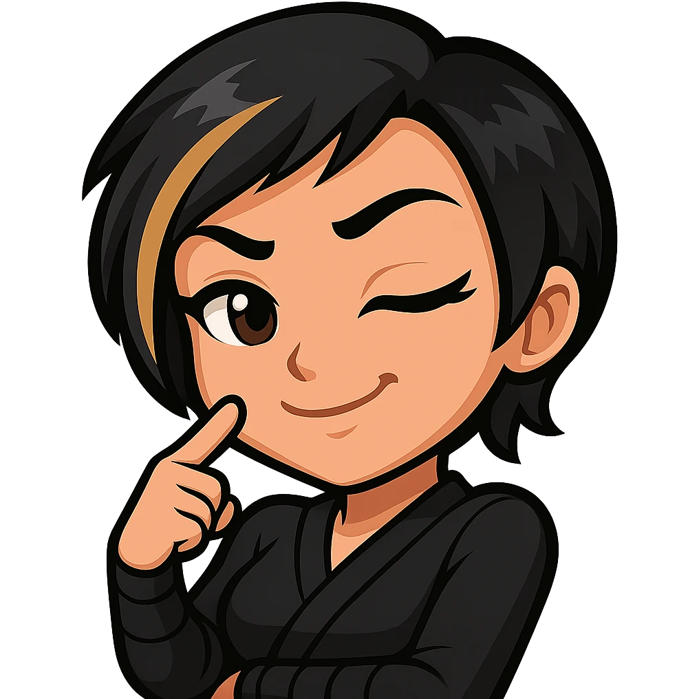 Sexy chibi ninja girl with black short hair and a blonde streak, only head and arms, colorful chibi style with bold outlines, transparent background, no mask, smug grin with a wink and finger pointing at her cheek, sized for Twitch emoji use. emoji