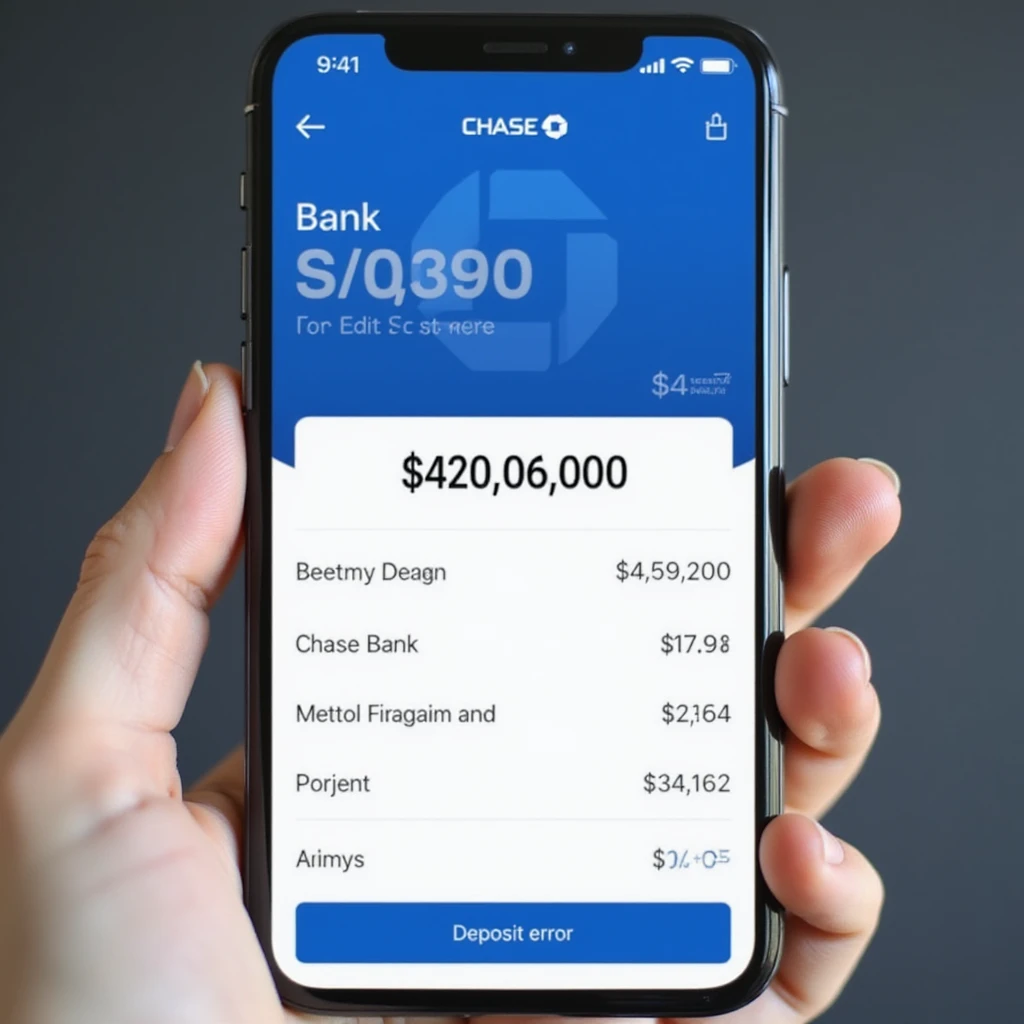 a iphone screenshot showing a chase bank balance of -$420,069,000, "deposit error" emoji
