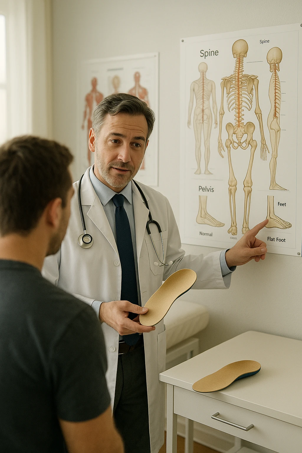 A realistic, cinematic illustration of a professional male doctor in his mid-40s, wearing a white coat, calmly explaining to a patient the benefits of using orthopedic insoles (plantari) for posture correction. The doctor holds a custom insole in his hand while pointing gently to a detailed anatomical poster showing the human spine, pelvis, and feet, illustrating the connection between foot alignment and posture. The setting is a bright, clean medical office with soft natural lighting, a treatment table, and educational anatomical charts in the background. The patient, seen from behind, listens attentively, while the doctor maintains a warm, knowledgeable expression, emphasizing preventive care and body alignment through plantar support. The scene feels trustworthy, modern, and health-focused. emoji