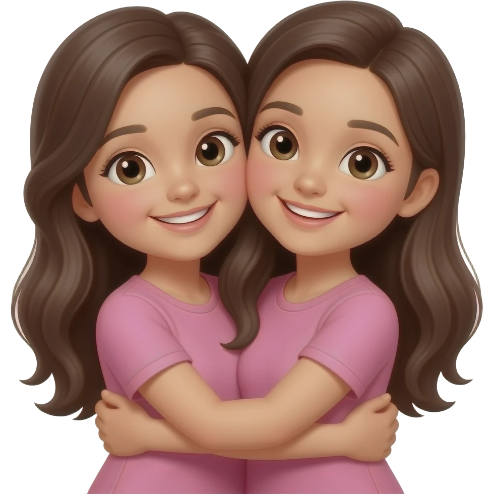 Two sisters small eyes long hair smiling  hugging each other wearing pink clothes emoji