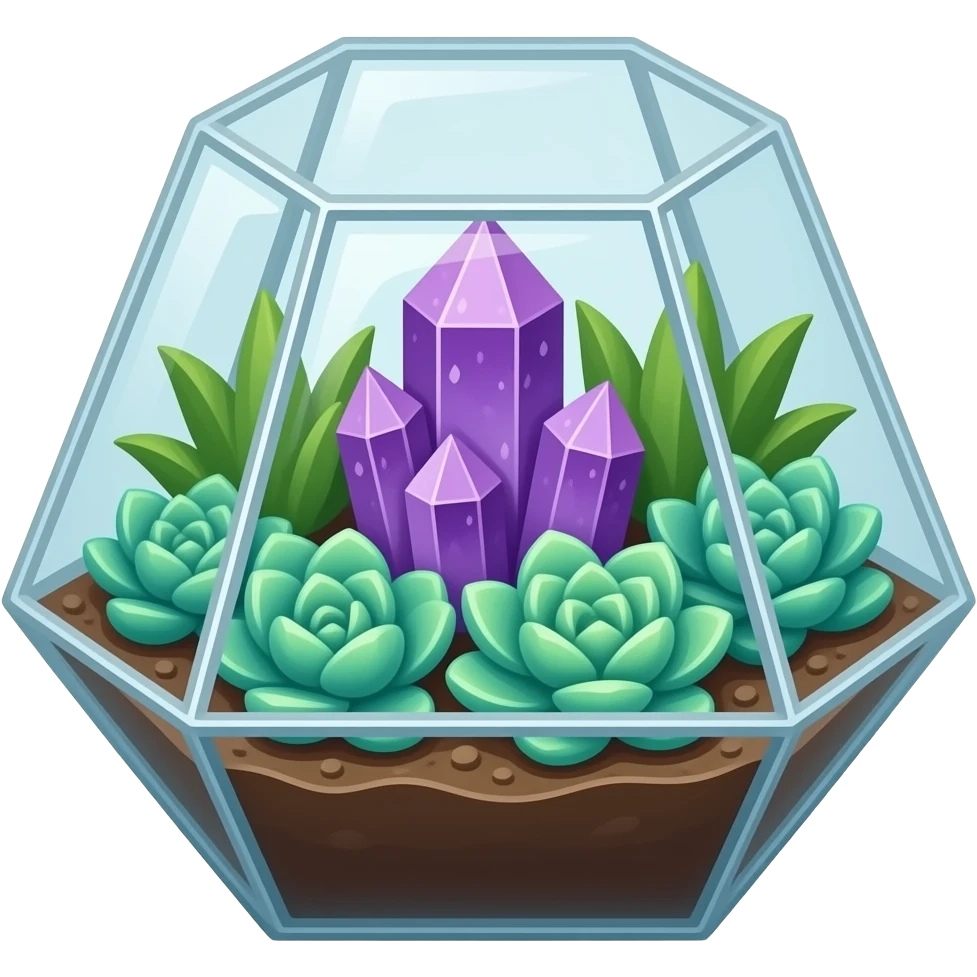 Mini succulents geometrical terrarium with amethyst cluster inside emoji