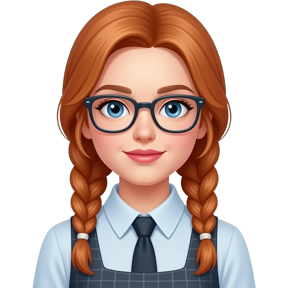 white girl with long light red hair braided and blue eyes with glasses and pink lips in a dress blouse without a tie emoji