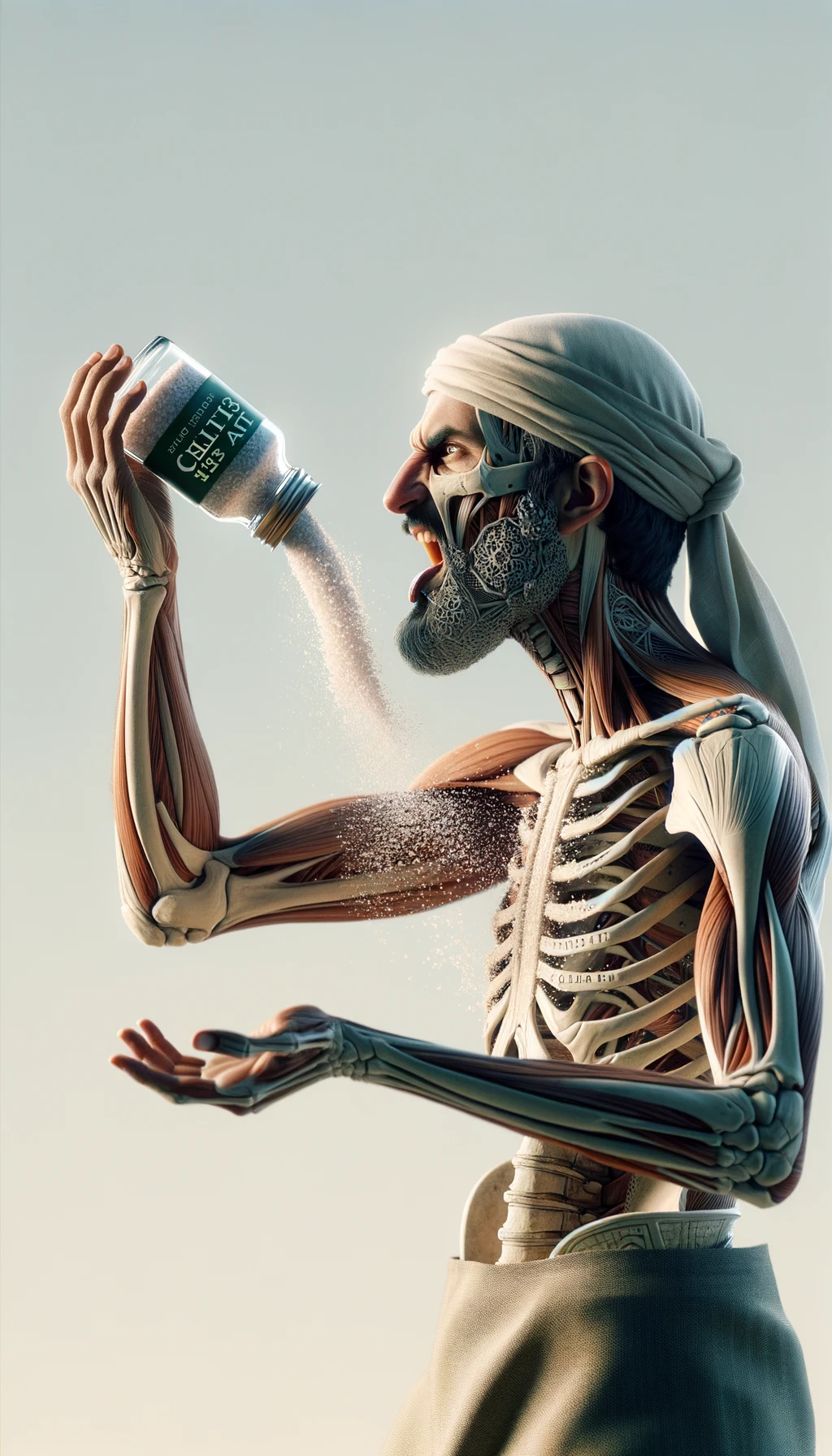 A REALISTIC ANATOMIC human body holding a jar with "CELTIC SALT" written on the label, he throws it in his mouth DURING BREAKFAST, NEUTRAL CLEAR BACKGROUND emoji