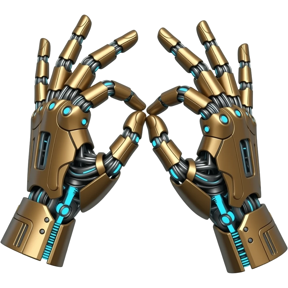 cyberpunk  - the touch of the fingers of two bronze palms as in Michelangelo's painting in the Sistine Chapel, but mechanically constructed emoji