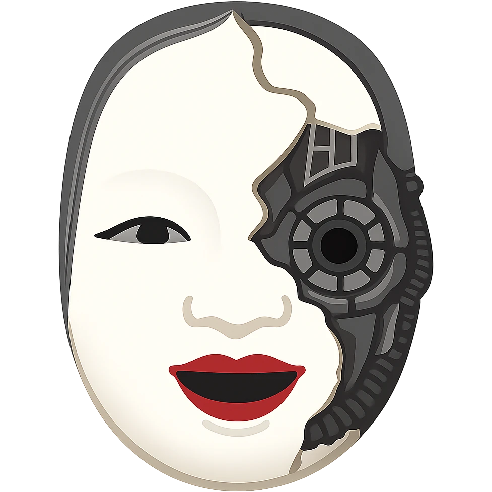 Create a cyborg-style Noh mask emoji inspired by the traditional Noh mask in the reference image. The design should feature half of the traditional Noh mask and the other half composed of mechanical cyborg parts. The style should be simple yet expressive, capturing the essence of a cyborg Noh mask. No background, transparent. emoji