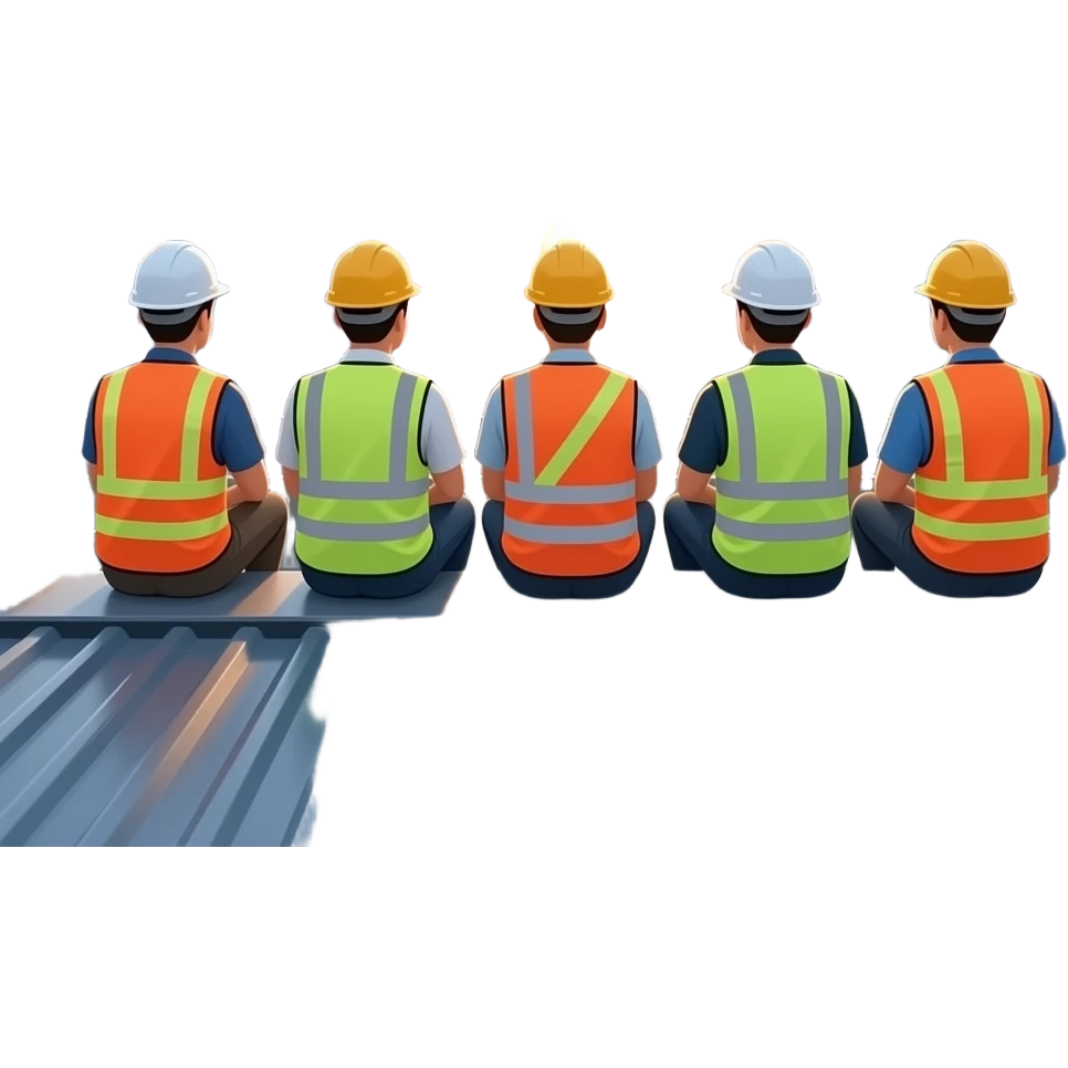5 men in hard hat sitting on a metal roof emoji
