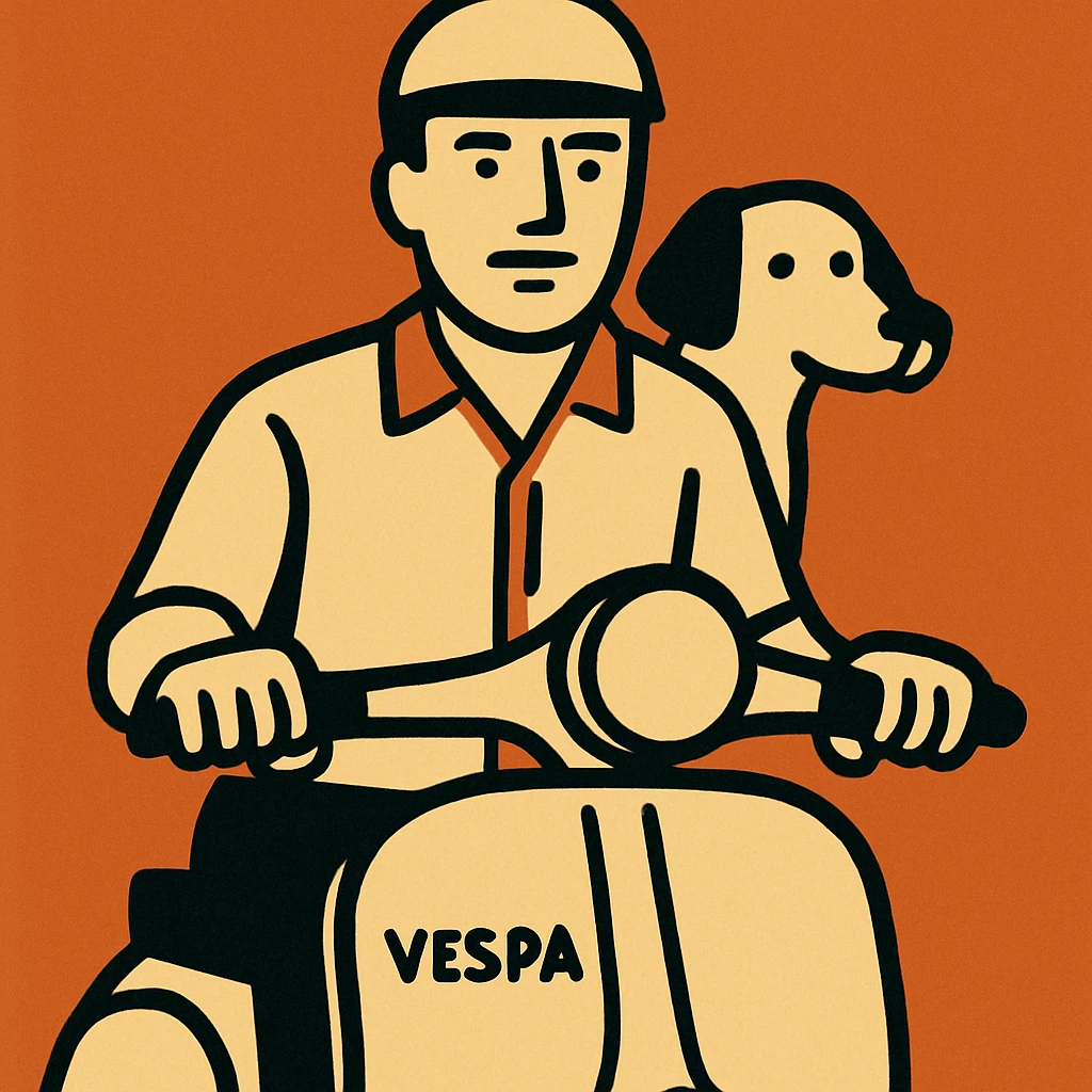 man and his pet dog riding a vespa emoji