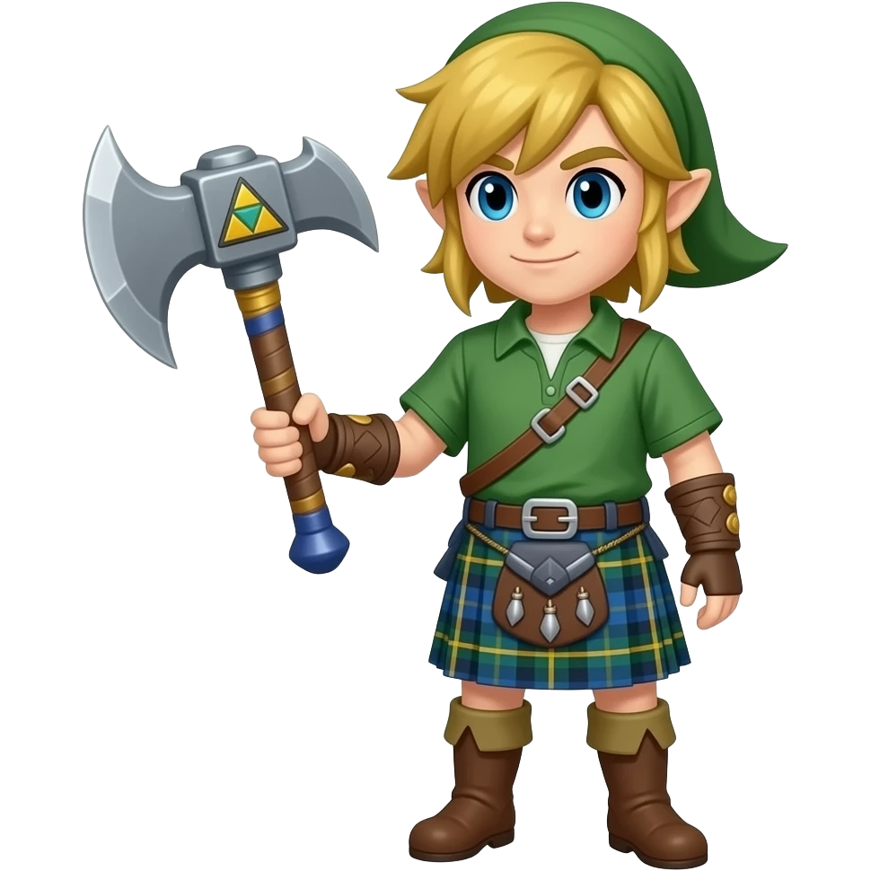 Link zelda in a Scottish kilt holding diamond pickaxe emoji