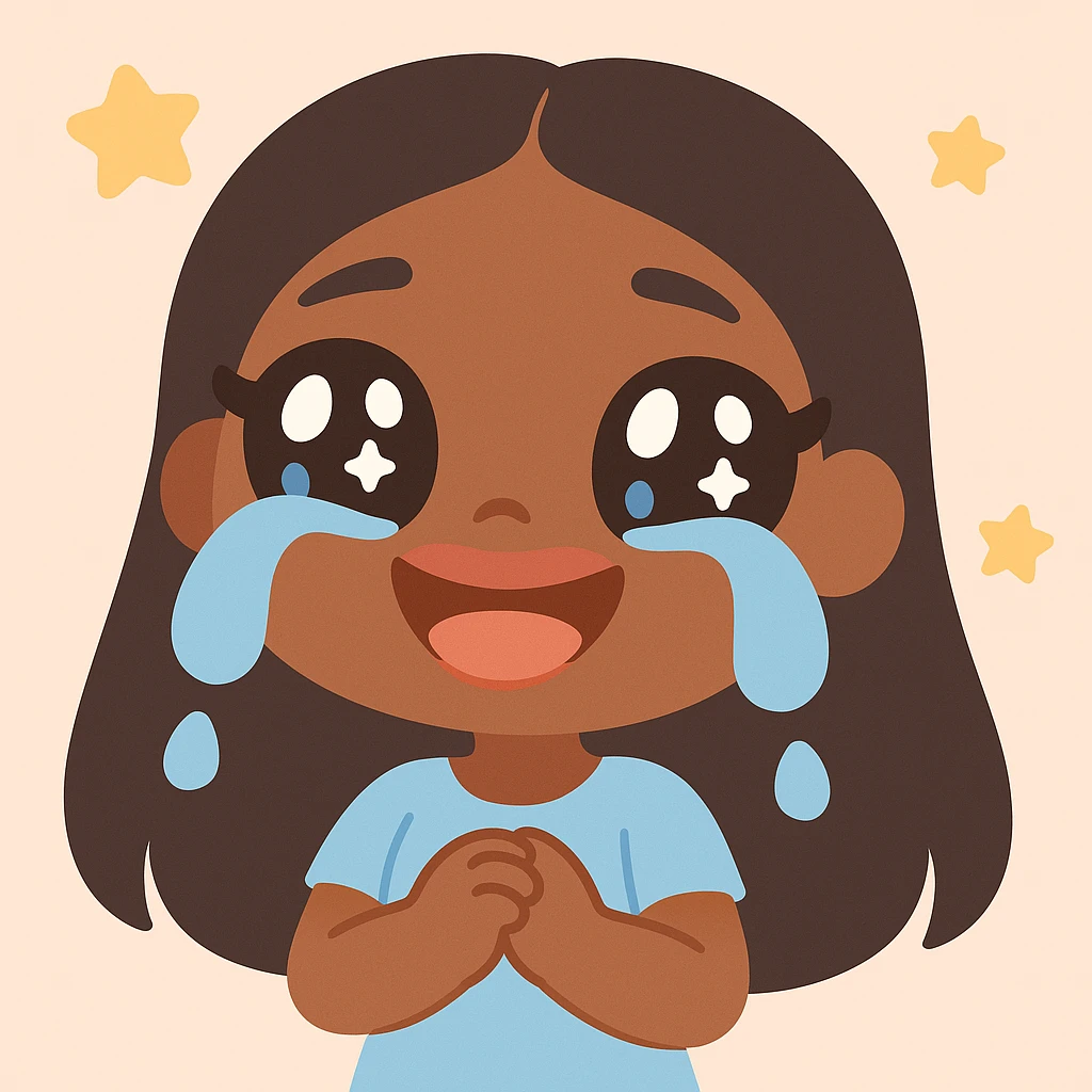 anime style character with dark skin and dark hair, inspired by Bratz dolls, crying laughing expression, big expressive eyes, glossy lips emoji