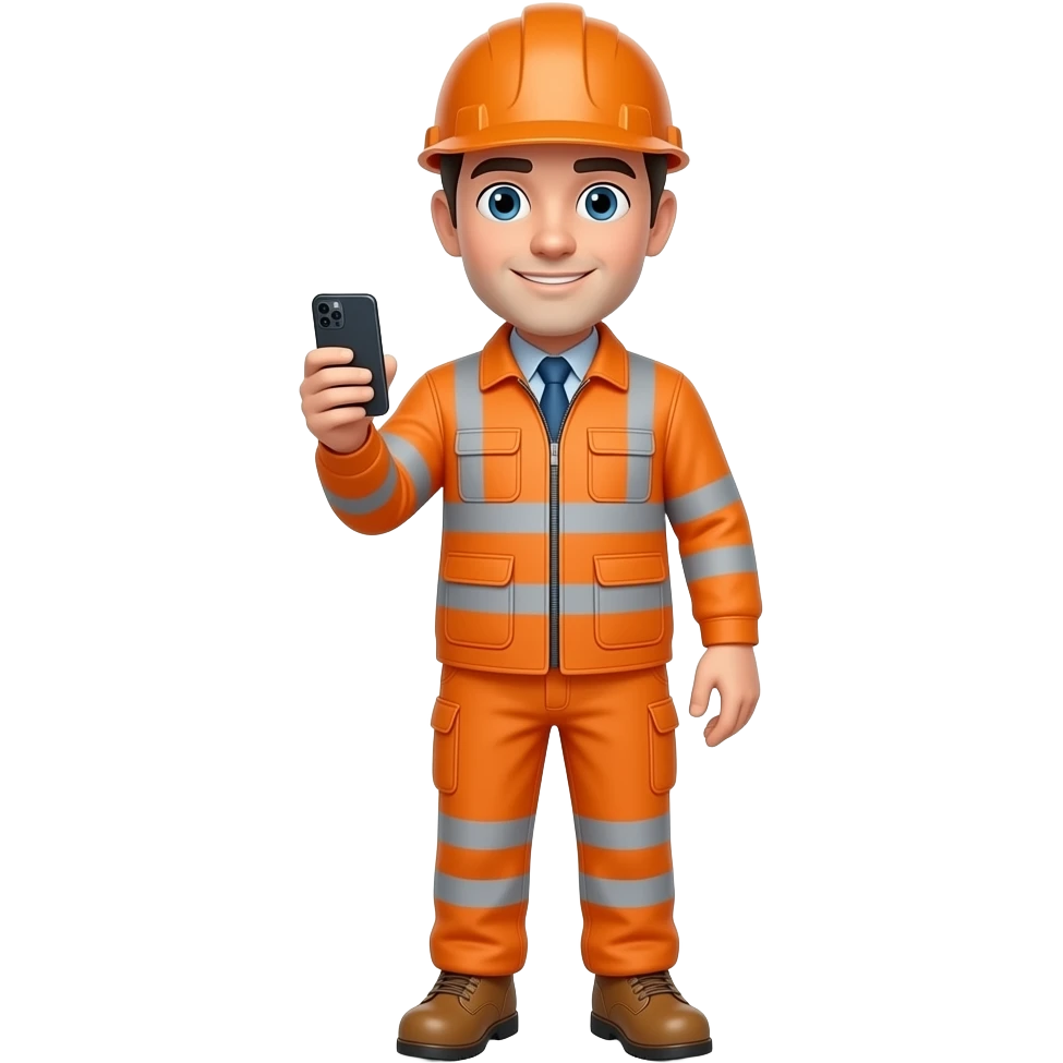 engineer in full Hi-vis orange clothing and boots holding a mobile phone emoji