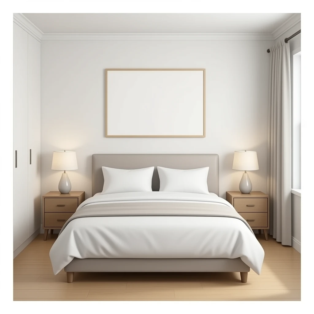 realistic bedroom neutral color only bed and nightstands emoji