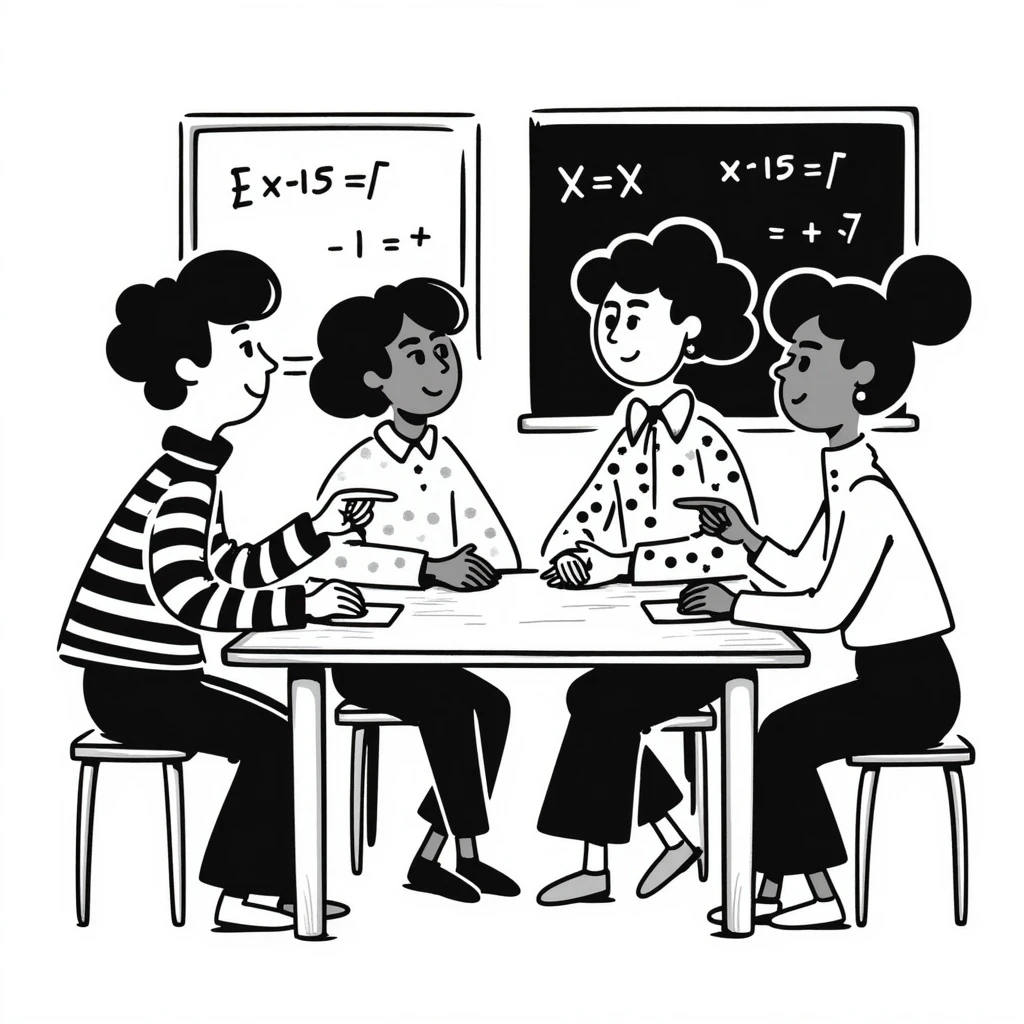 four students of different origins sitting around a table following a course, friendly atmosphere, hand drawn style, classroom background emoji