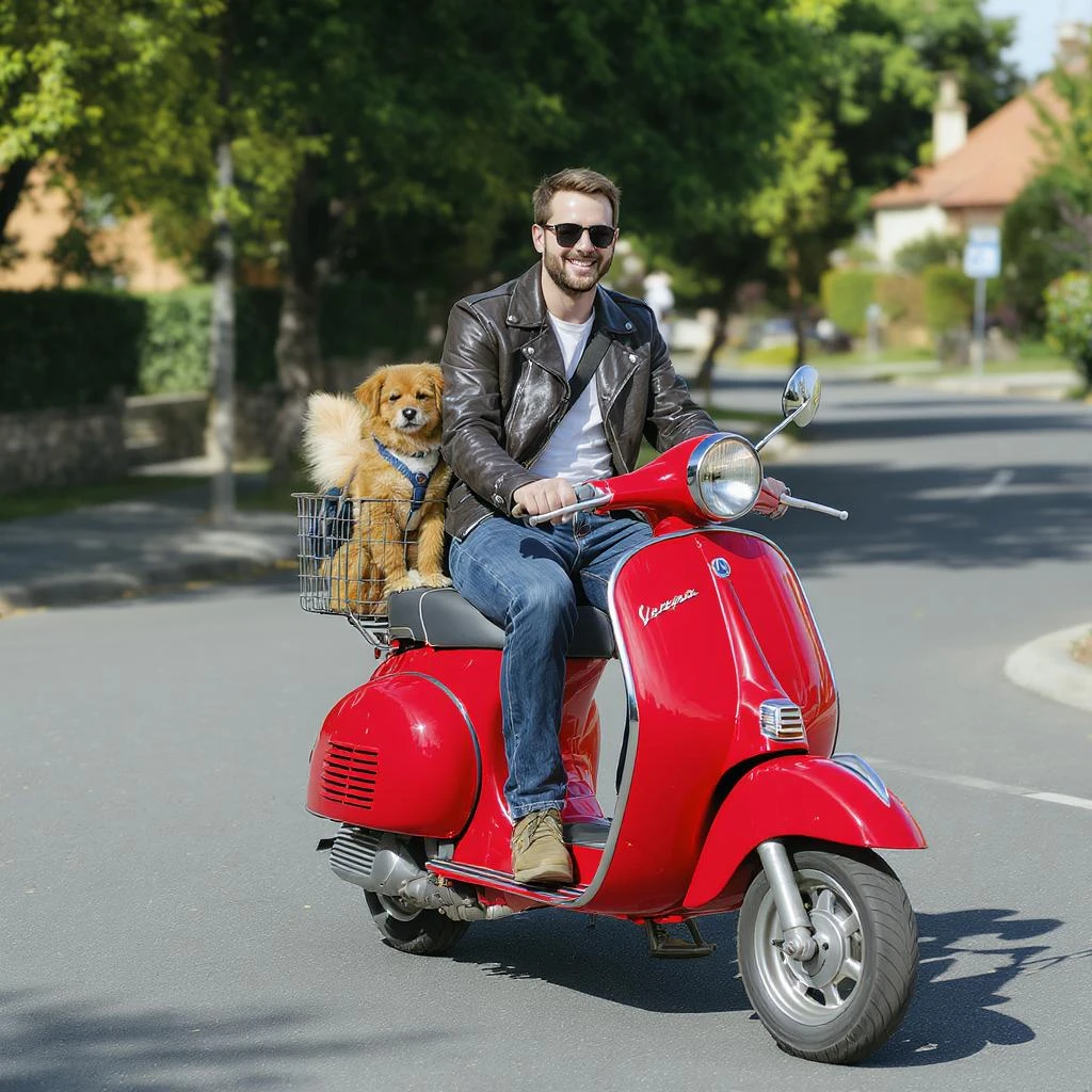 man and his pet dog riding a vespa emoji
