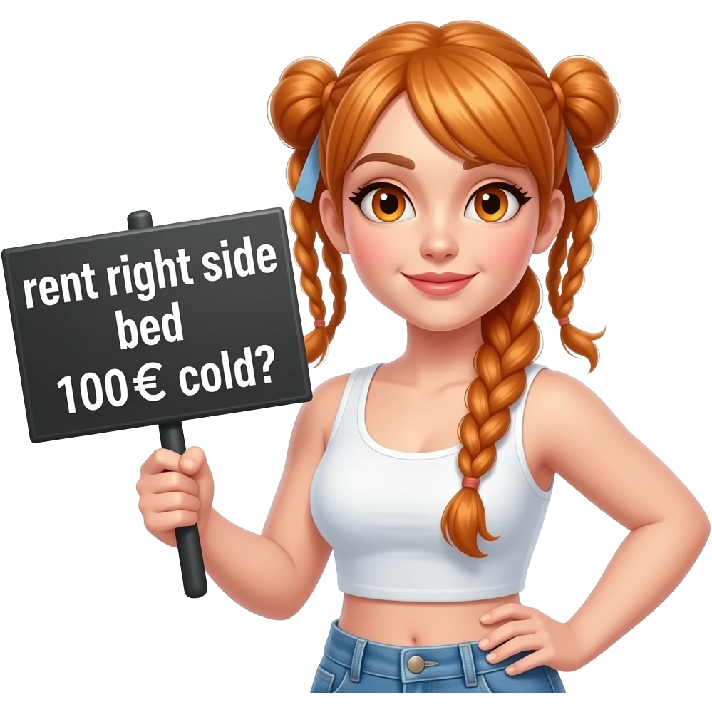 sexy girl with long ginger braids and ginger eyes wearing a white tanktop is holding a black sign with VERMIETE rechte BETTSEITE 100€ kalt written on it emoji