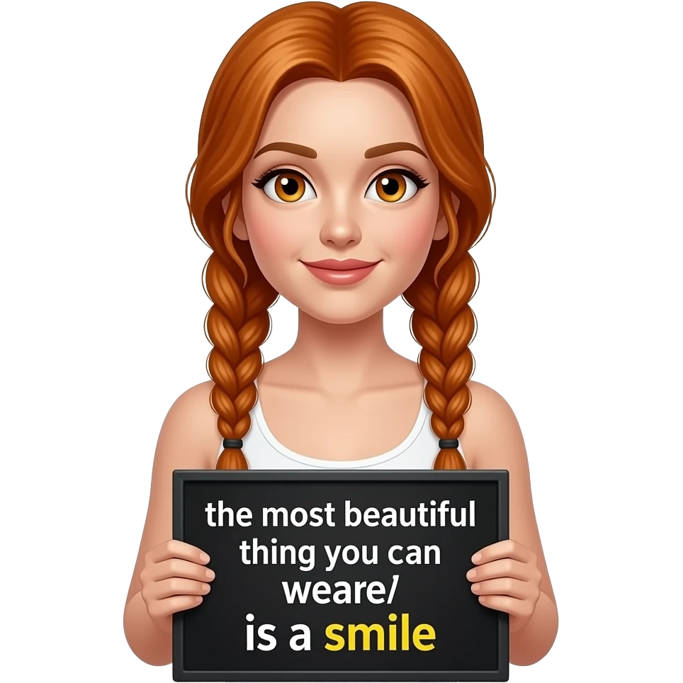sexy girl with long ginger braids and ginger eyes wearing a white tanktop is holding a black sign with DAS SCHÖNSTE was DU tragen kannst ist ein LÄCHELN written on it emoji