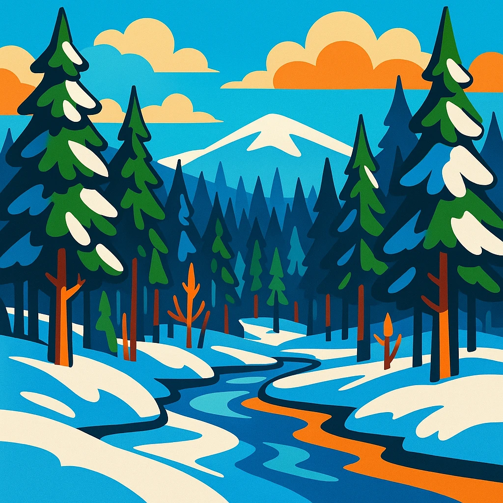 Siberia landscape, snowy forest, vibrant cartoon style emoji