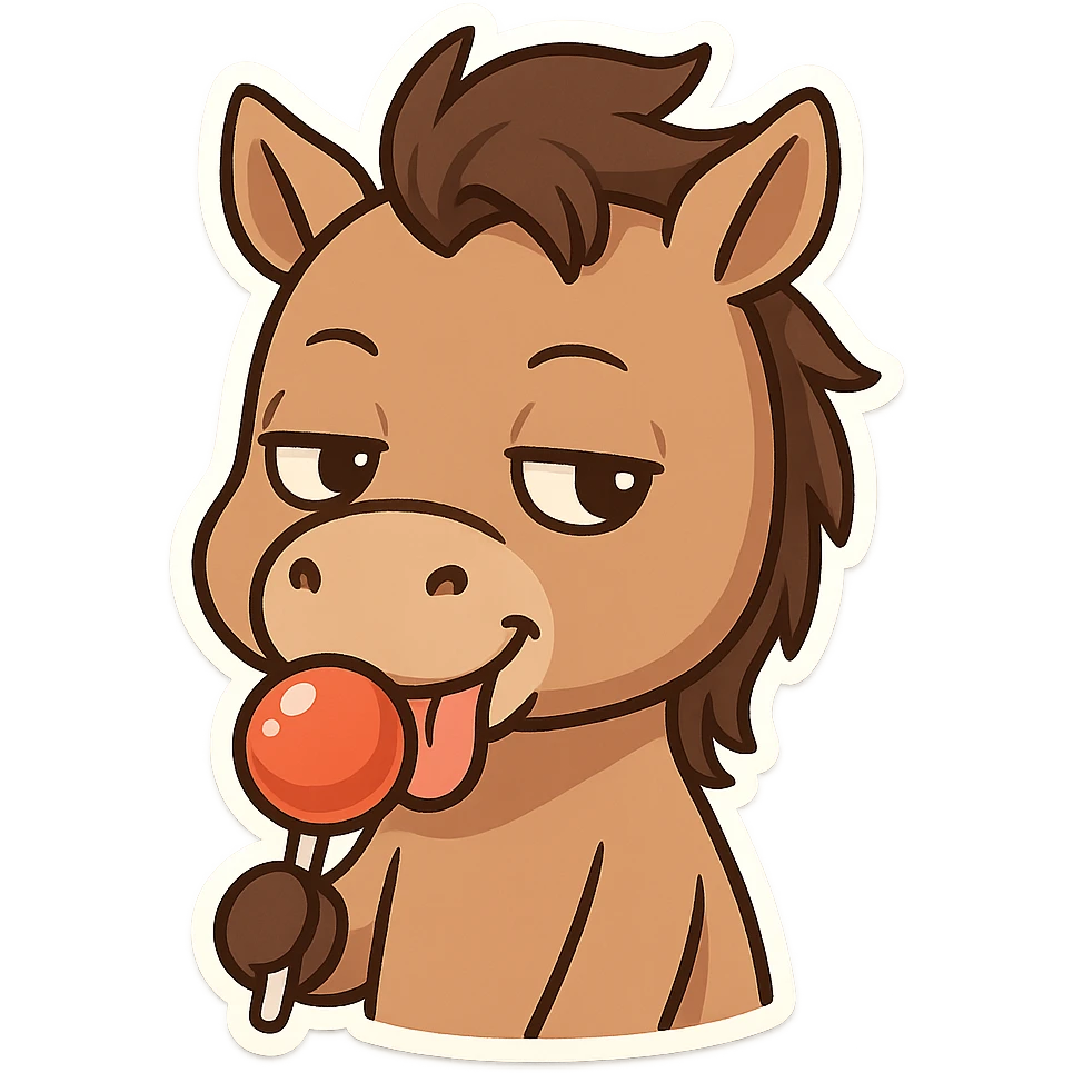 A horse licking a lollipop with a smug expression emoji