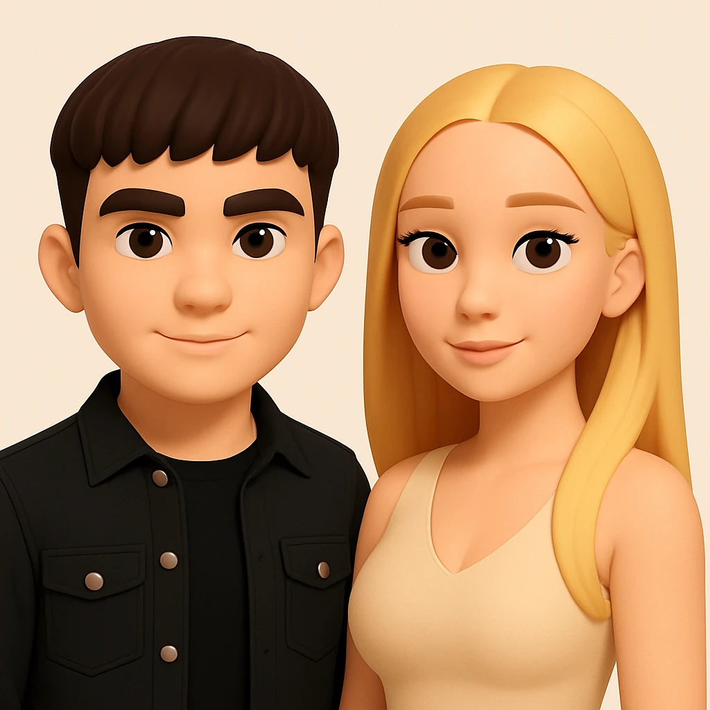 Slightly increase the volume of the upper body of the girl, significantly spread them apart from each other, make the skin color the same for both characters, keep the cartoon style as in the original image. emoji