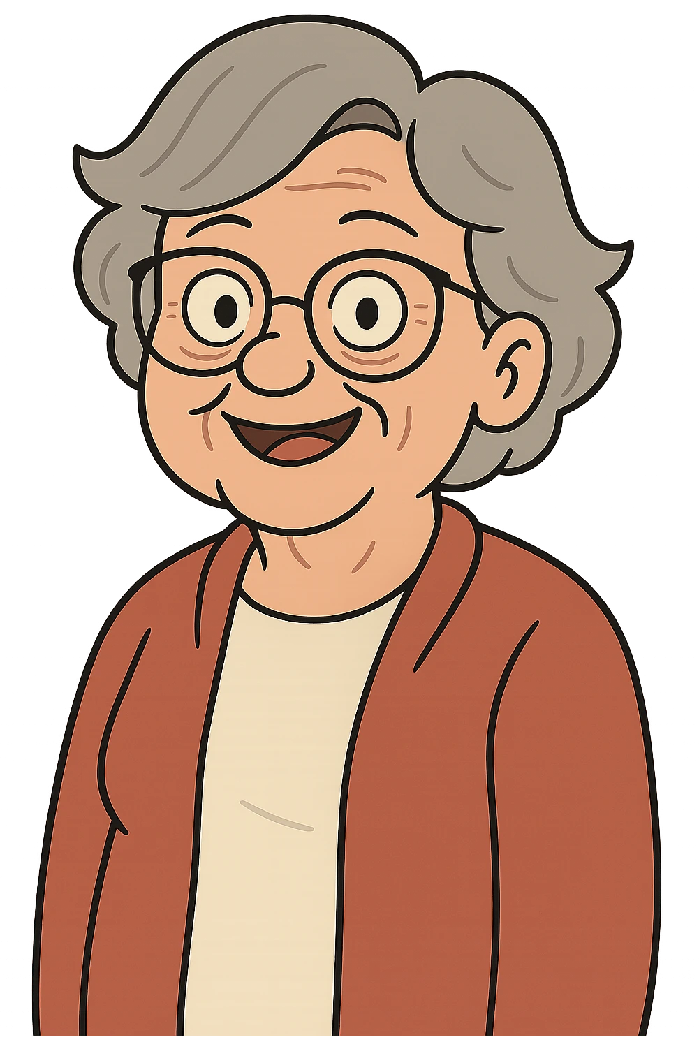Remove the background and keep only the elderly woman with glasses in flat toon style with transparent background. emoji