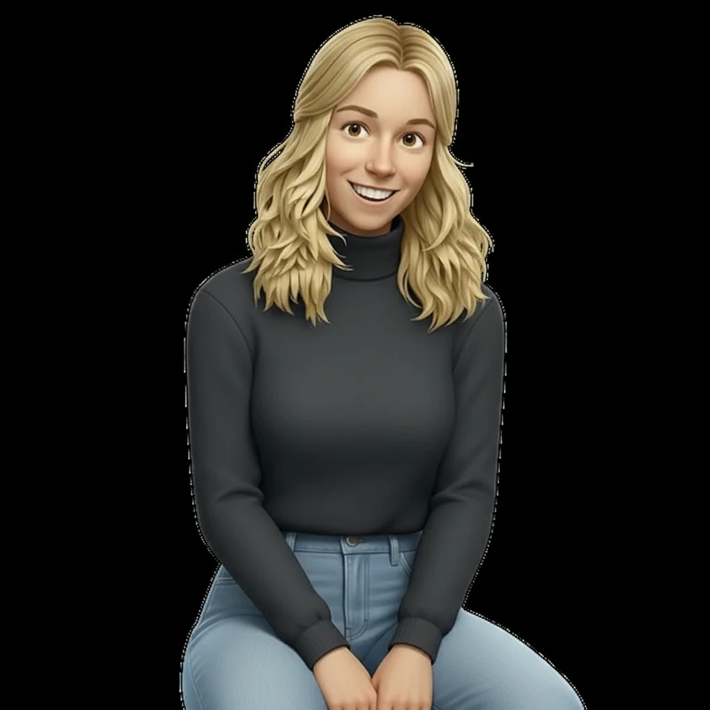 нарисуй эту девушку с точно таким же лицом и прической строго фас она сидит в водолазке и джинсах, без шапки, без фона  emoji