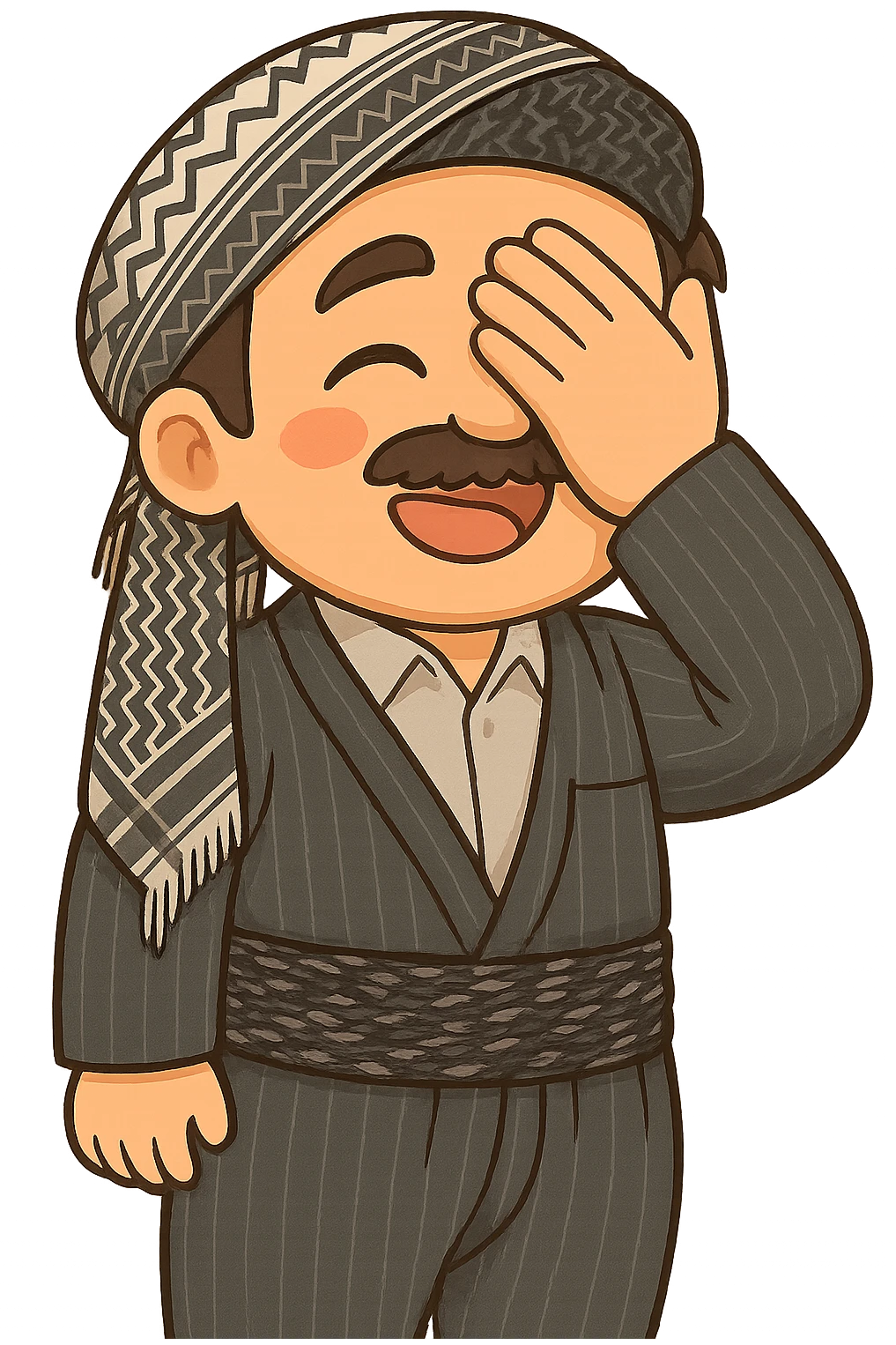 Cartoon sticker of a Kurdish man with the exact same clothes and shawl as the reference images, no changes to clothes or shawl. The face shows a shy smile expression, one hand on the face matching the pose in the reference images. Colorful and cheerful style, no shadows or color halos around the image, no text, suitable for WhatsApp and Instagram, with a fully transparent background. emoji