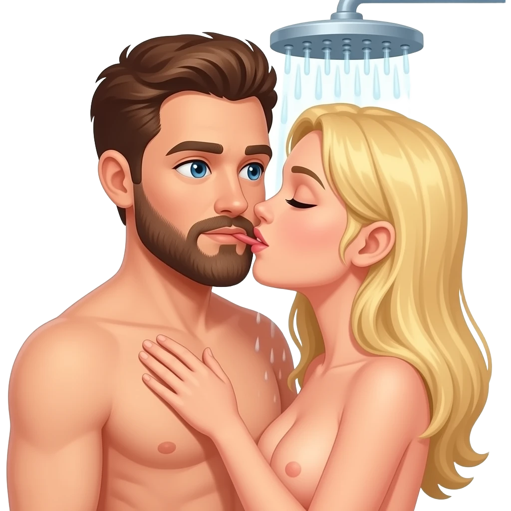 Full body emoji of Naked man with brown hair and a beard having sex with a naked woman with blonde hair in the shower emoji