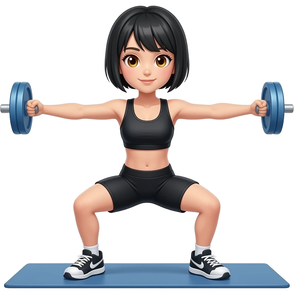 Con cabello corto negro  ojos miel cuerpo completo ejercicio emoji