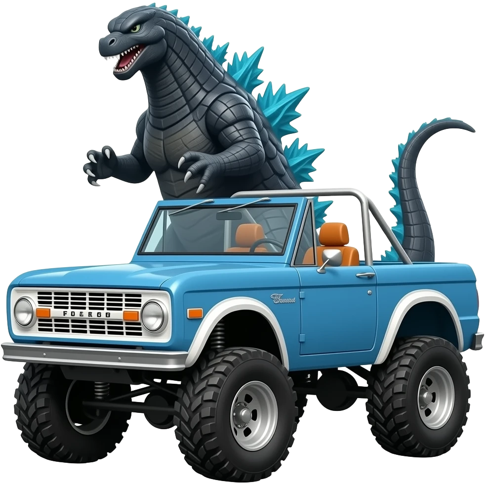 Godzilla behind 1967 ford bronco with two tone paint, blue on hood, blue and white on sides, and orange interior. Convertible with no top but with full roll cage. Exaggerated lift and oversized 4x4 tires. emoji