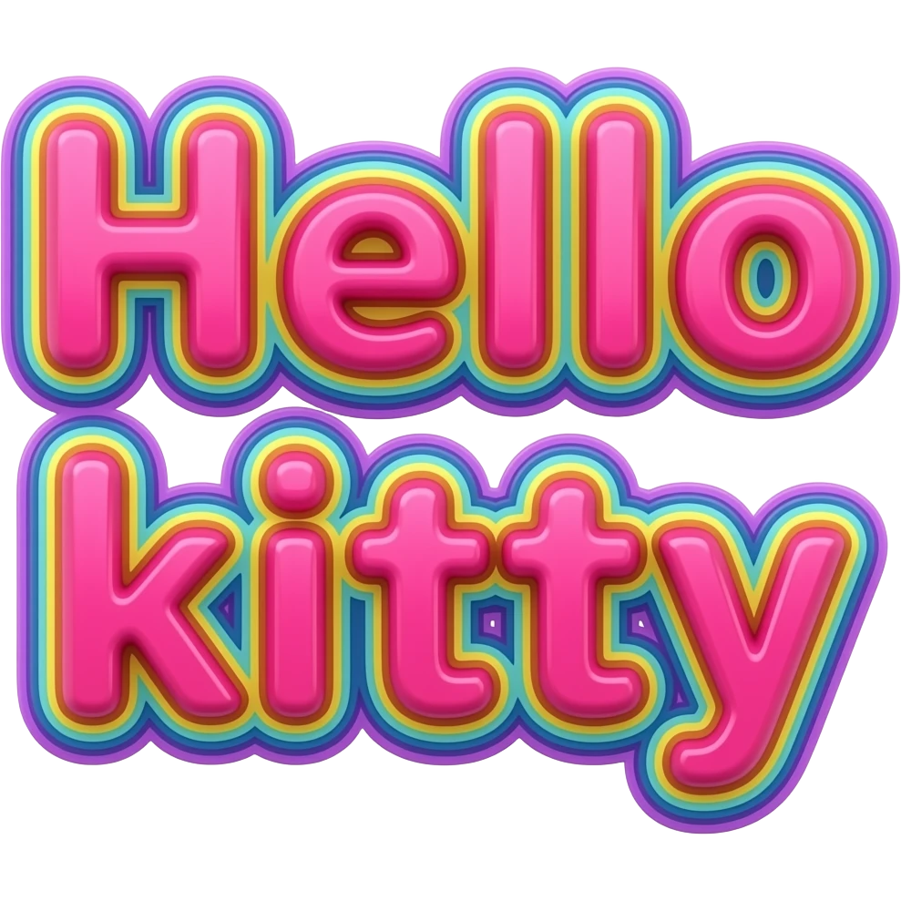 Hello kitty in neon hot pink 3D style hello kitty in bright hot pink, in 3d with all colors of the rainbow as a border outlined around each letter, isolated, 3d rendering, no emoji icons no emoji faces and must have no human figures emoji