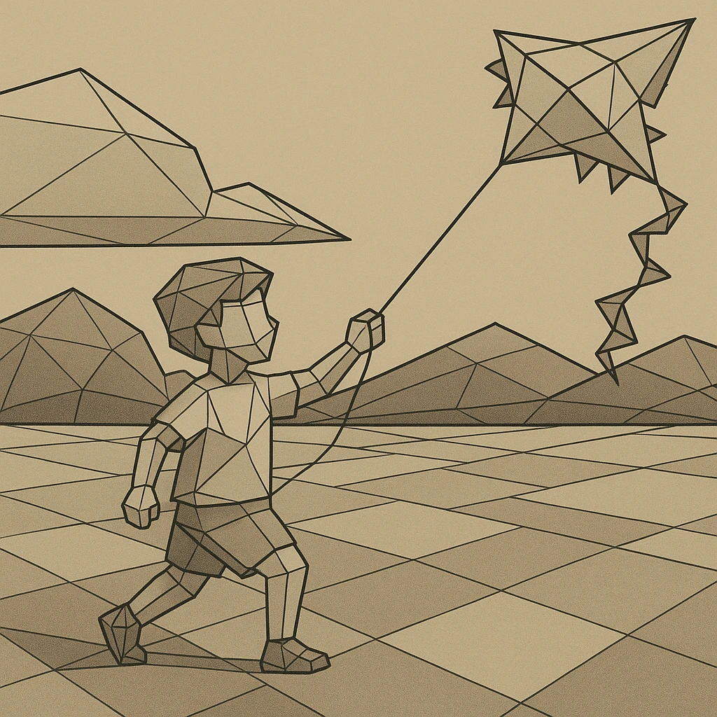 child flying a jagged kite in a blocky field. emoji
