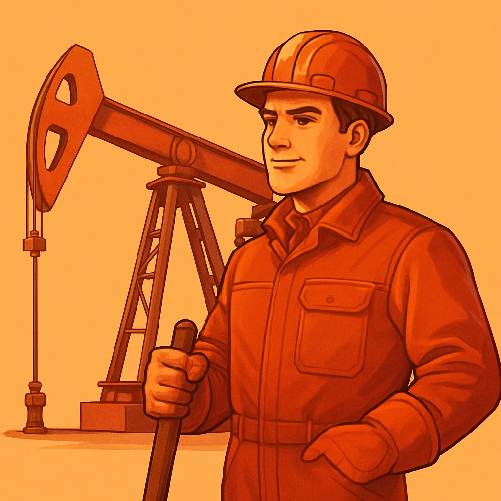 Сгенерируй мне нефтекачалку в мультяшный реалистичный стиль, мягкий тёплый свет, чистые контуры, детализированный костюм, гладкая цифровая отрисовка, оранжево-красная цветовая палитра. На однородном фоне emoji