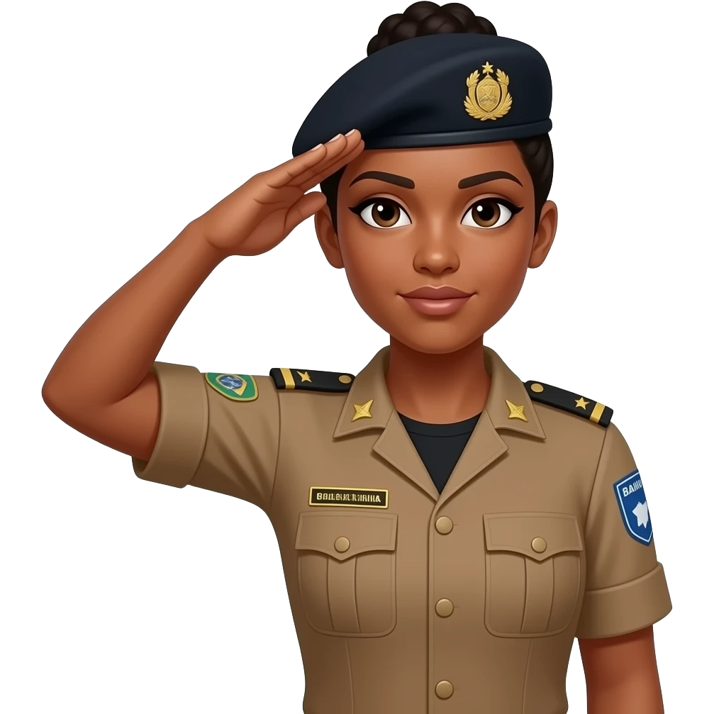 Sargento Gianne Policial militar da bahia feminina morena com cabelo amarrado no coque boina preta e farda marrom e camisa preta por dentro da farda sem enfeites na farda prestando continência emoji