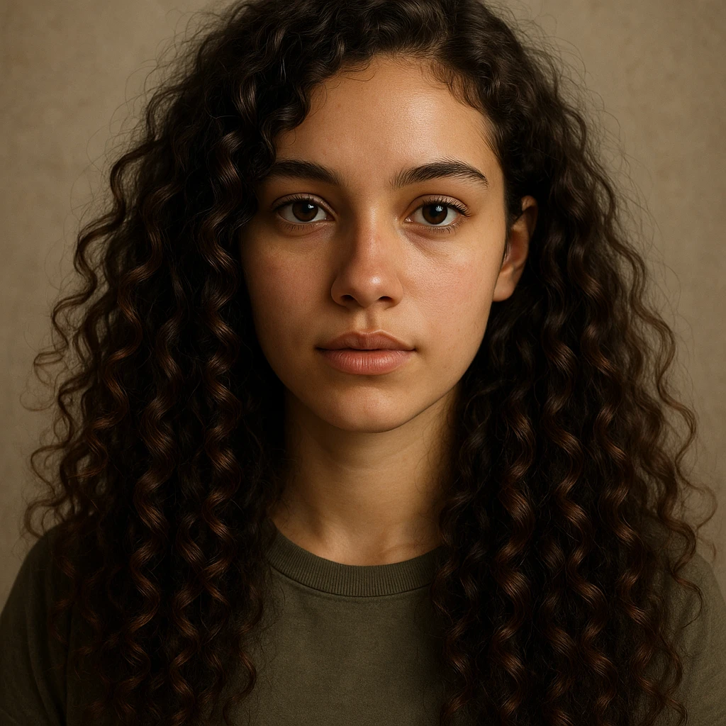 portrait of a girl with long curly brown hair type 3a and dark brown eyes, digital realistic style emoji