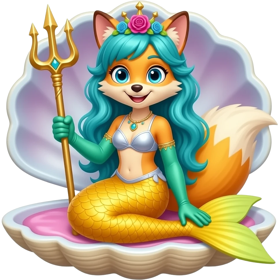 anthro fox  happy yellow mermaid tail  and long green gloves  blue hair rose crown sliver swimsuit sitting on an open toy clam holding a trident artistic creation, beautiful art cartoon style art kawaii style art clipart art emoji
