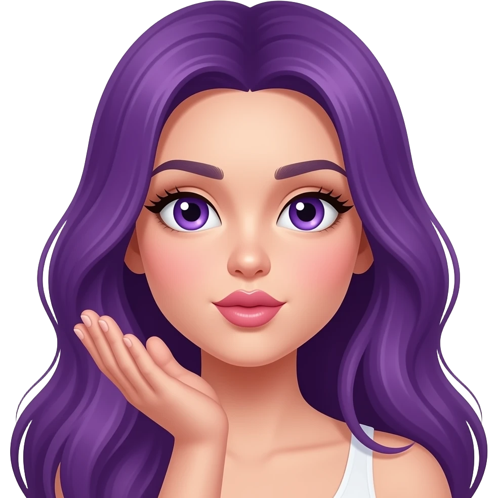 sexy girl with long purple hair and purple eyes gives a air kiss emoji