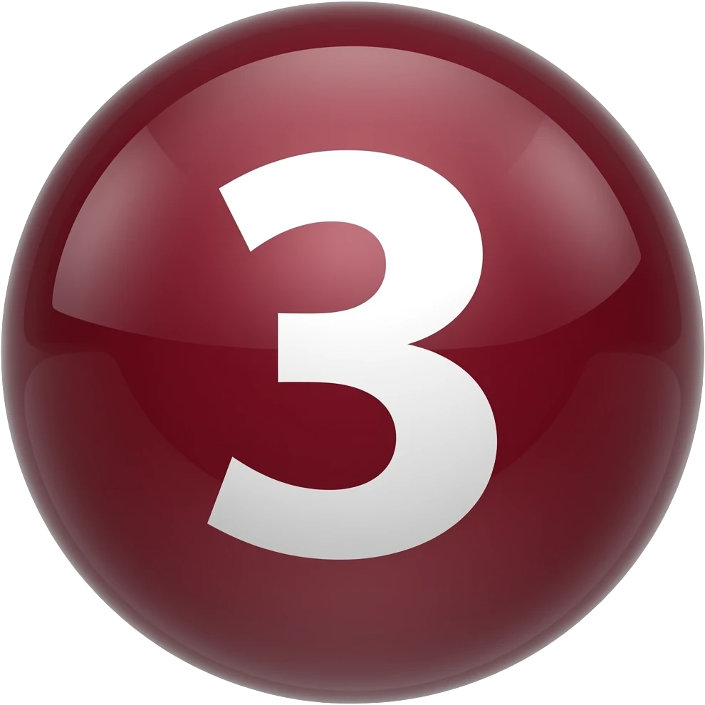 Glossy 3D sphere emoji, "3" bold white text centered, red wine color, bubble style icon emoji