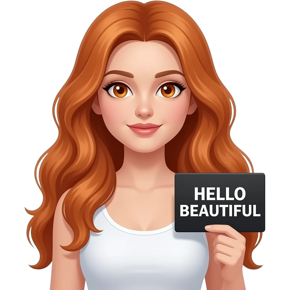 sexy girl with long ginger hair and ginger eyes wearing a white tanktop is holding a black sign with HELLO BEAUTIUFL written on it emoji