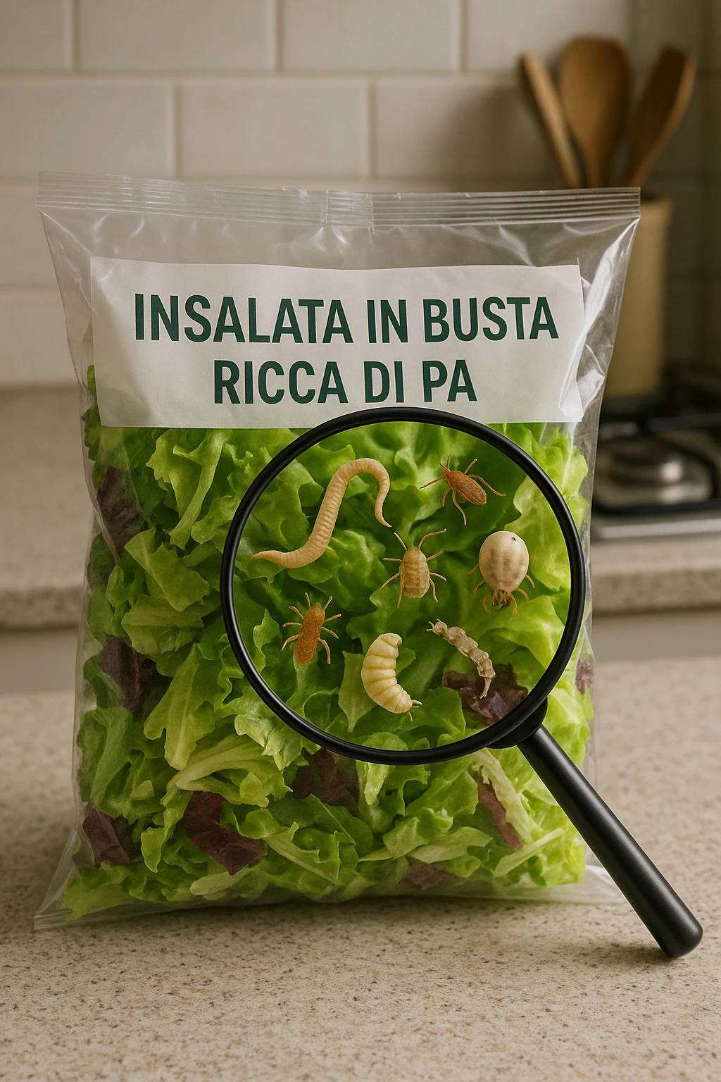 Insalata in busta ricca di pa transparent plastic bag of pre-washed salad sits on a kitchen counter. Through the bag, small, detailed images of various parasites (such as worms, larvae, or microscopic bugs) are visible among the lettuce leaves. A magnifying glass hovers over the bag, enlarging the parasites for emphasis. The mood is cautionary and educational.arassiti emoji