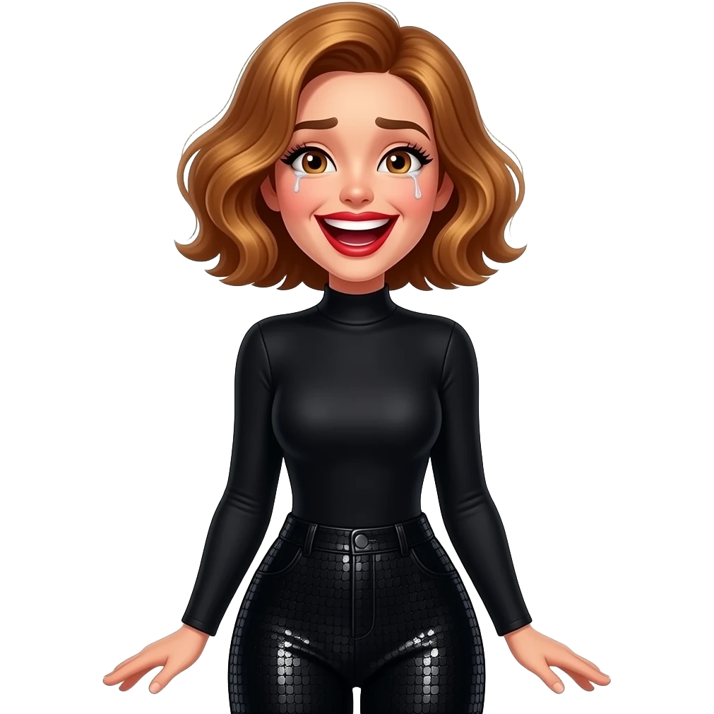 glamours,-tanned,-very-beautiful-woman-with-big-plump-red-lips,-long-long-lashes,-honey-silky-very short- hair,-wavy-hair,-hazel-eyes- wearing-black-Long-sleeved-bodysuit-and-black-sequinned-pants-black-and-laughing-out-loud-with tears-waist-up emoji