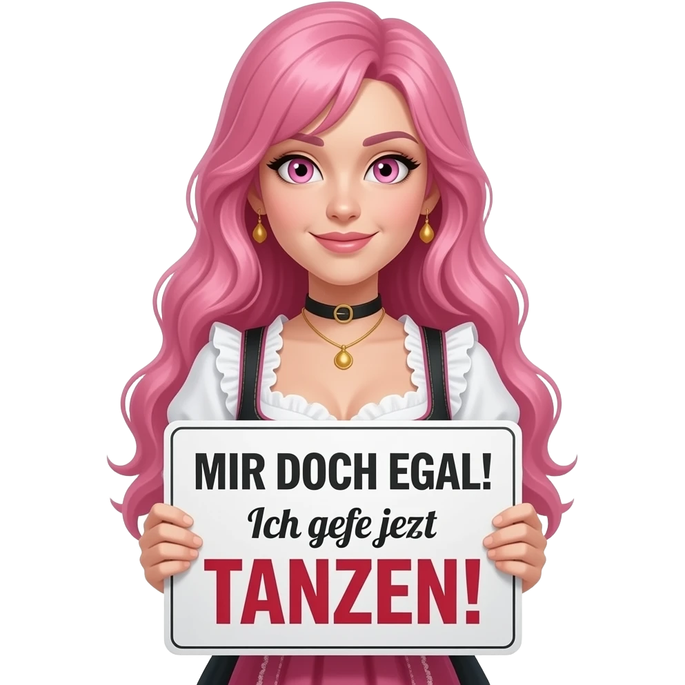 sexy girl with long pink hair and pink eyes wearing a dirndl holding a MIR DOCH EGAL! Ich gehe jetzt TANZEN! sign emoji