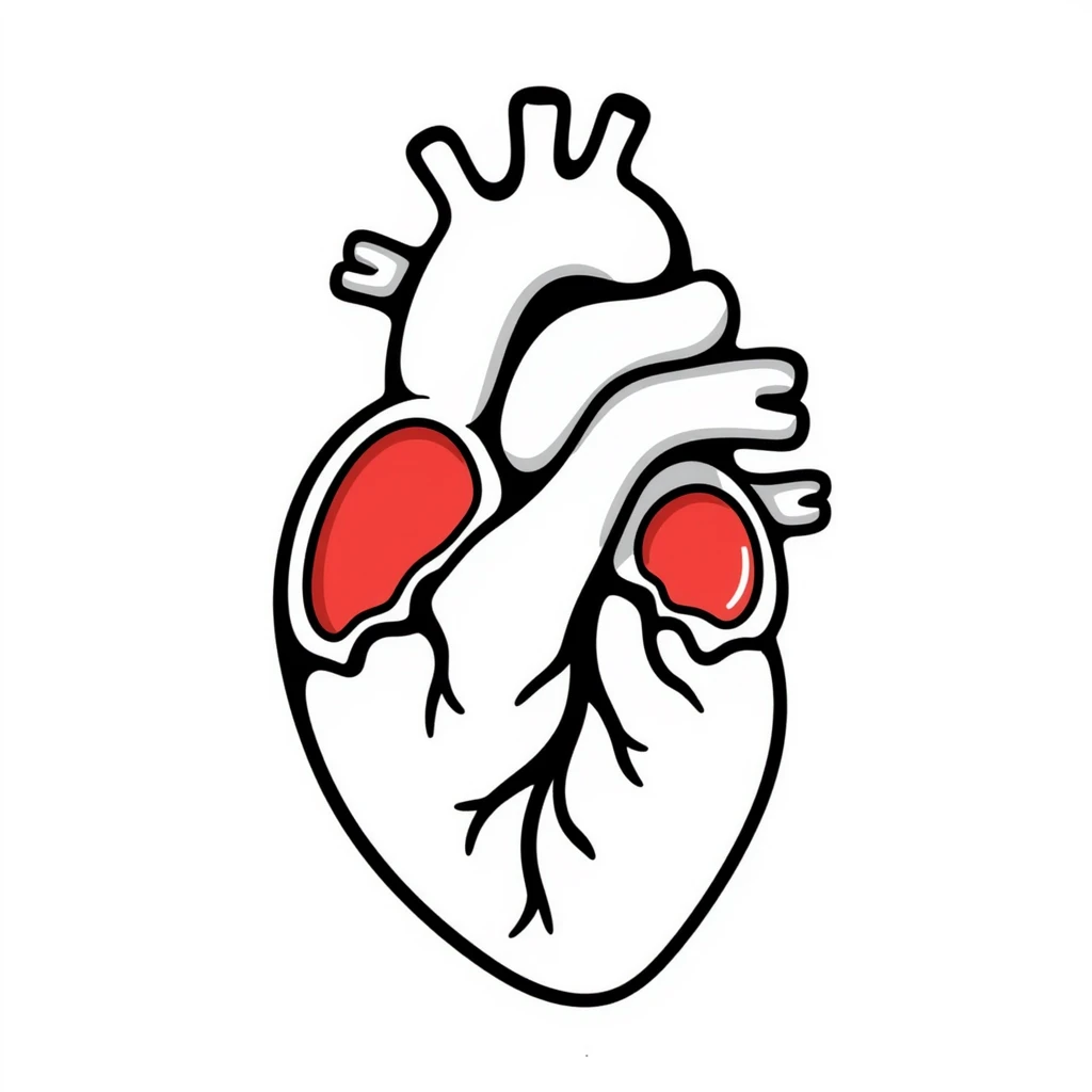 A hand-drawn anatomical heart with detailed chambers and arteries in medical diagram style, showing blue veins and red arteries, with clear internal structure, oxygenated blood in red and deoxygenated blood in blue emoji