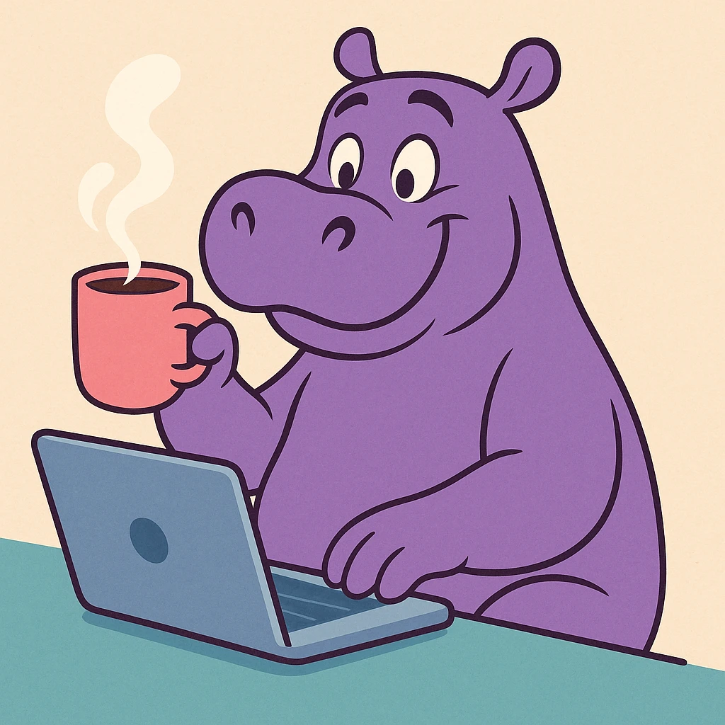 A cartoon hippo sitting at a laptop, drinking coffee, in the style of Disney animation. emoji