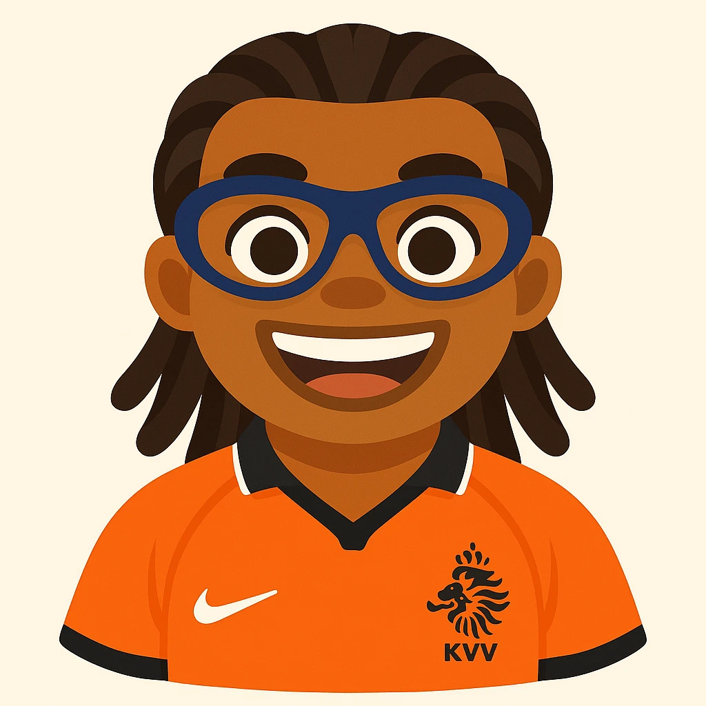 Turn this footballer into an emoji style image, keeping his signature dreadlocks, sports goggles, and orange football jersey. Simplify features for emoji style with an energetic expression. emoji