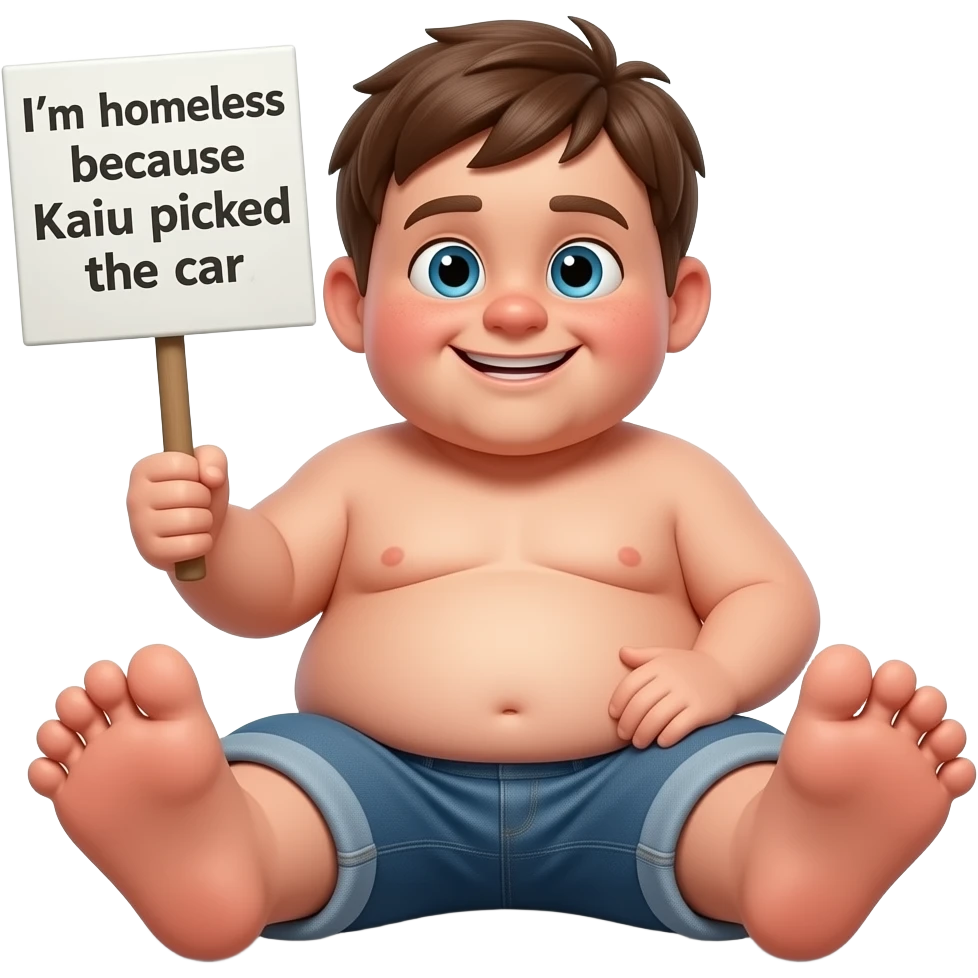 make a ugly megamind brown haired kid with a sign that says im homeless because kaiu picked the car and make him have big massive feet and no shirt and make sure hes fat make him have chubby face cheeks and make him smirking and make him realistic and make him stupid and make him a hippie emoji