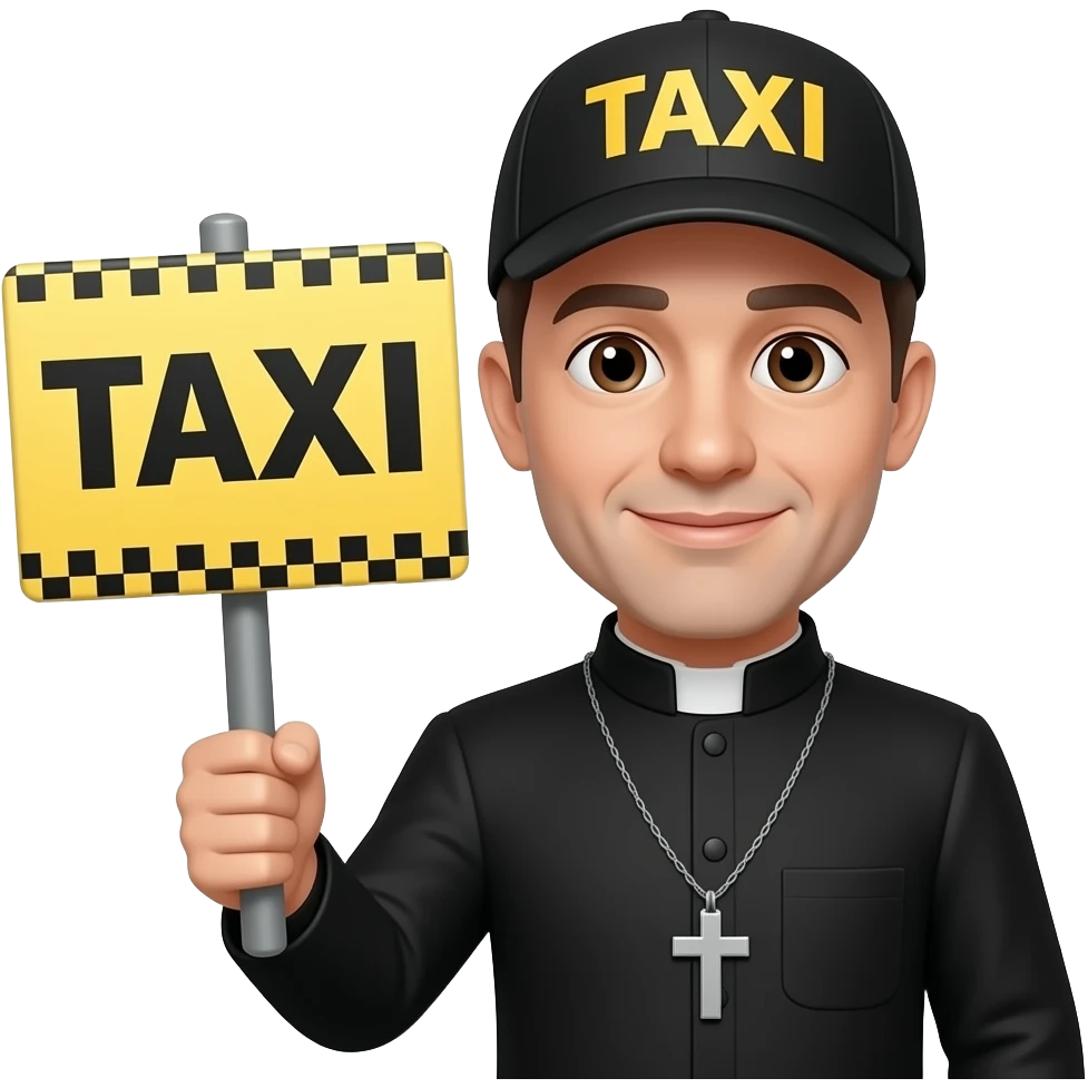 The priest dressed as a taxi driver holds a sign that says "TAXI". He is wearing a cap emoji